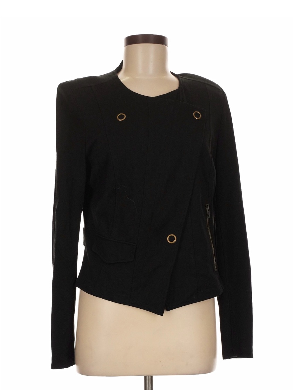 CAbi Black Asymmetric Zip Blazer with Gold Eyelet Detail